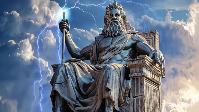 Imposing figure of Zeus seated on his throne atop Mount Olympus, holding a thunderbolt