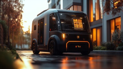 Obraz premium An electric delivery vehicle equipped with the latest automation technology drives through a modern residential area, showcasing advancements in last mile logistics and transportation solutions.