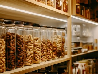 Nuts inside glass jars stacked in pantry, soft overhead light, lifestyle kitchen concept