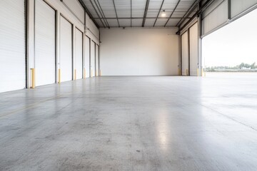 Spacious industrial area with smooth concrete floor and large do