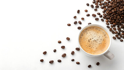 Freshly Brewed Cup of Coffee with Rich Crema, Surrounded by Roasted Coffee Beans on a Minimalist White Background