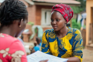 Social worker explaining a document to a woman in Africa, promoting education and community support