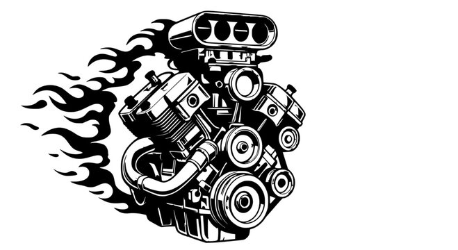 V8 Engine with Flames Hot Rod Art