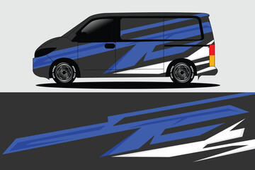 Side view of a stylized van with dynamic blue and white graphics against a dark background