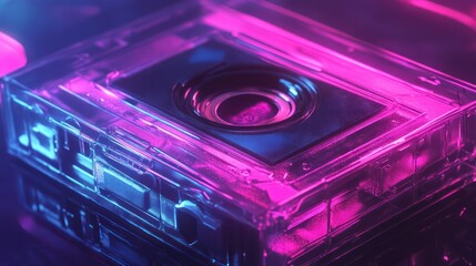 Obraz premium Transparent Cassette Tape, Neon Light, Reflective Surface, 80s Retro, Music Background