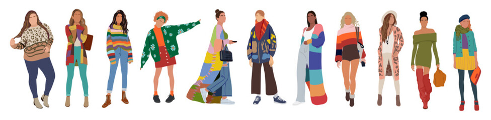 Collection of stylish young women dressed in trendy clothes. Set of fashionable casual handmade, knitted outfits. Bundle of cute girl hipsters, trendsetters. Cartoon colorful vector illustrations.