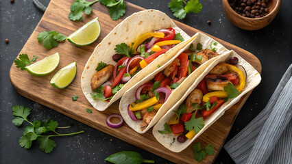 Grilled Chicken Tacos with Colorful Bell Peppers, Red Onion, Fresh Cilantro, and Lime Wedges on a Rustic Wooden Board