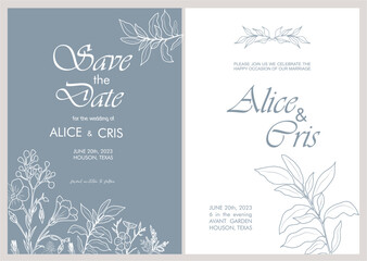 Elegant Wedding Invitation, Save the Date template. Minimalist botanical Wedding invitation card with trendy greenery line art wild flowers Vector illustration in modern dusty blue colors.
