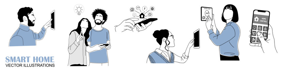 People using smart home control panel, hands holding smartphone with Smart house application. IOT concept. Set of Simple vector outline hand drawn illustrations isolated on white background.