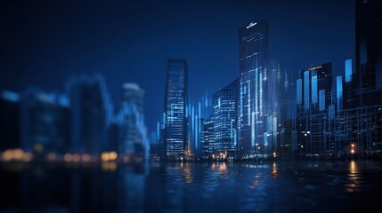 Naklejka premium Modern City Skyline with Blue Forex Graph Overlay at Night