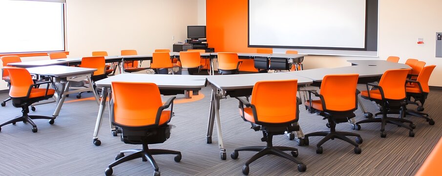 Modern classroom setup with orange chairs and modular tables arranged in a circle