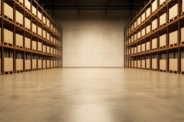 Spacious warehouse interior featuring wooden shelves and polishe