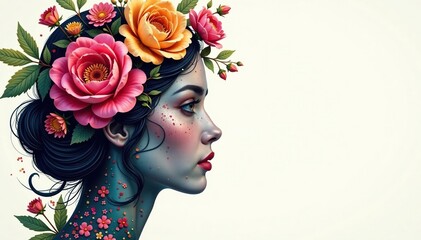 Naklejka premium Intricate floral design arranged as a facial profile , intricate, leaves, texture