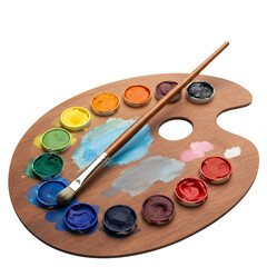 Wooden artist's palette with vibrant paint colors and a paintbrush, isolated white and transparent background; concept for art supplies, painting tutorials, and graphic design templates