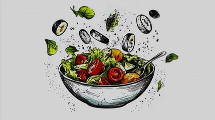 Stylized vector drawing of salad bowl with flying ingredients, concept food icon on white background