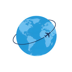 Isometric globe with airplane orbiting on isolated white and transparent background, concept for travel agency, worldwide delivery, and global business
