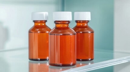 Amber bottles lined up neatly in modern fridge, showcasing vibra