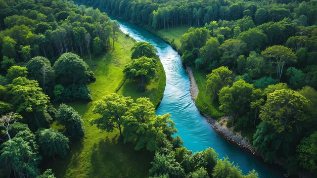 drone aerial birds eye view of a large green grass forest with tall trees and a big blue bendy river flowing through the forest_g_1_2_1.png