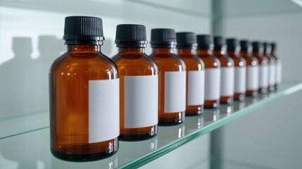 Amber bottles arranged neatly on shelf, showcasing simplicity an
