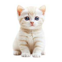 Obraz premium Cute fluffy kitten with blue eyes sitting upright on a white surface isolated on transparent background, cutout png