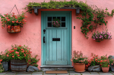 Light green door on pink-walled vintage Irish house in sunlight
