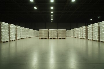 Spacious warehouse filled with neatly stacked pallets, showcasin