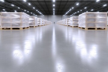 Spacious warehouse interior with organized pallets, bright light