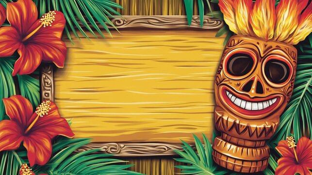 Tropical luau party invitation hibiscus flowers and tiki torch graphics palm leaf border framing blank event details space