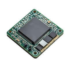 Microprocessor circuit board with integrated components and detailed circuitry isolated on transparent background, cutout png