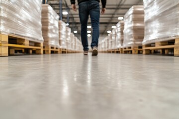 Walking through expansive warehouse with organized pallets creat