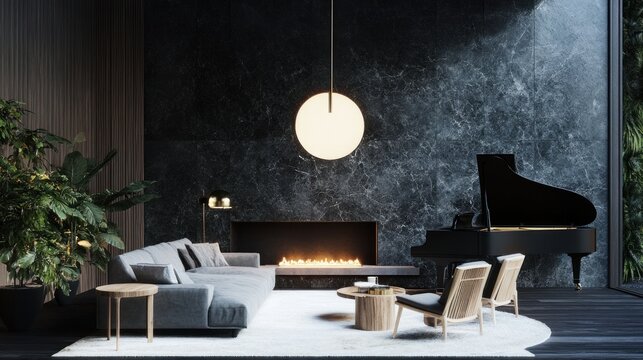 A modern and luxurious living room featuring a grand piano