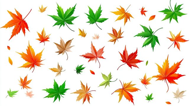 A background of flying maple leaves on a white background, with a yellow and red color scheme