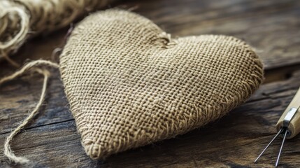 Burlap heart, needle, thread. Generative AI