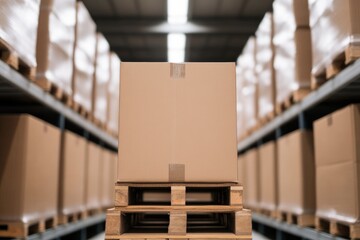 Stacks of cardboard boxes arranged neatly on pallets in bright w