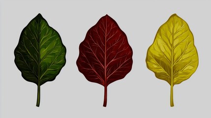 Vector-style drawing of multicolored beet leaves, clean thick lines and high-contrast green-red tones, isolated