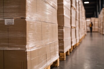 Pallets stacked with neatly wrapped boxes in spacious warehouse