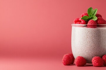 Dessert bowl filled with creamy mixture topped with fresh raspbe