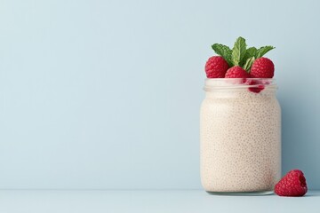 Creamy smoothie in glass jar garnished with fresh raspberries an