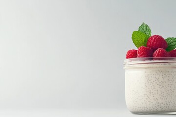 Creamy dessert topped with fresh raspberries and mint leaves, mi