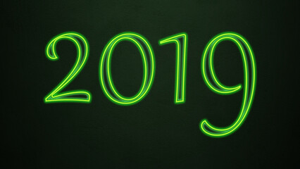 Neon glowing green number design of 2019 on dark background.