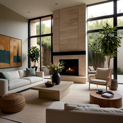 Fototapeta premium Modern living room interior with fireplace and comfortable furniture in a stylish home setting