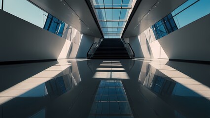 Fototapeta premium Modern office building with business people walking through an airport corridor