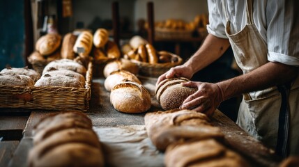 Freshly Baked Bread Display: A baker arranges loaves of crusty bread in a bakery, showcasing the artisanal baking process.