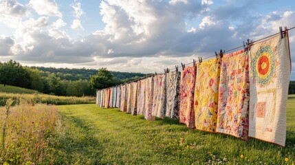 Colorful Quilts Drying in the Sunlight Against a Scenic Landscape with Clouds and Greenery