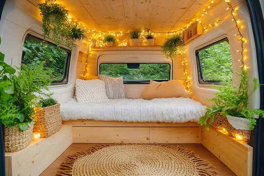 A cozy and charming campervan interior decorated with glowing fairy lights and a woven rug, creating a warm and inviting atmosphere. - Powered by Adobe