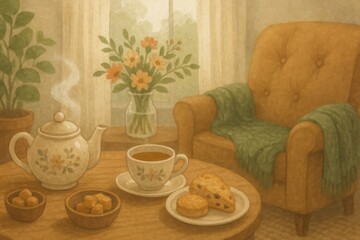Fototapeta premium Cozy Afternoon Tea Setting With Flowers and a Warm Atmosphere in a Comfortable Living Room