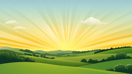 Obraz premium Idyllic sunrise over rolling green hills and mountains.