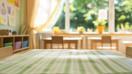 A bright classroom with tables and chairs ready for learning and creative activities in a school room
