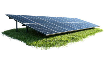 Solar panels on grass showing sustainable energy solution for eco-friendly living isolated on transparent background, cutout png
