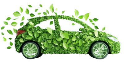 Conceptual eco friendly electric car design with a body made from green leaves symbolizing sustainability and renewable energy sources